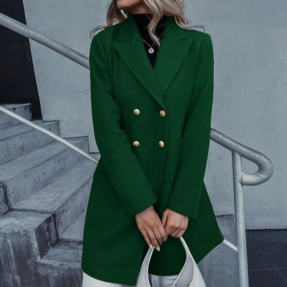 Double Breasted Lapel Collar Button Up pocketed Overcoat GREEN - Picture 3 of 8